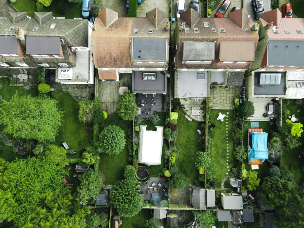 Gardens and houses, birdseye view Gardens and semi-detatched houses, birdseye view